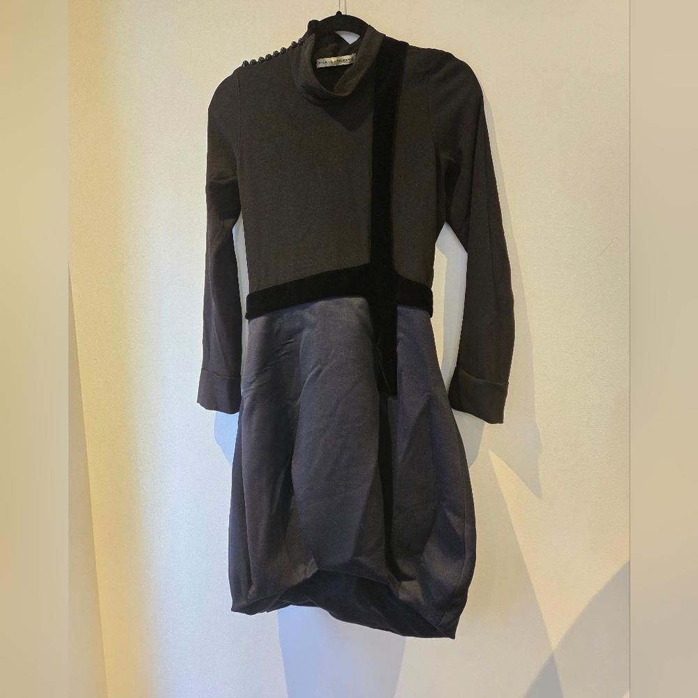 Balenciaga Navy and Black Mock Neck Tulip Dress with Velvet Accents Size IT 36